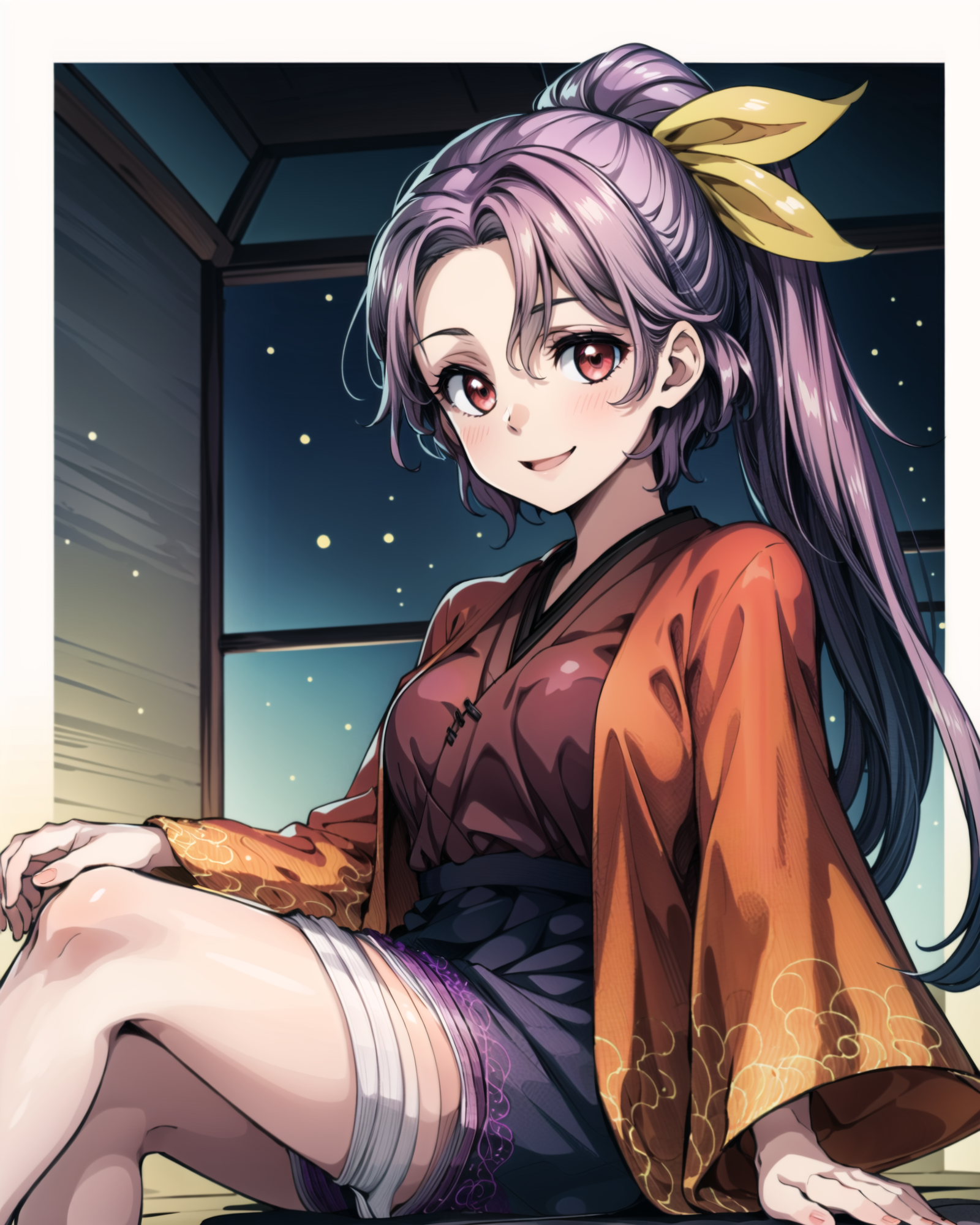 01463-1027189888-, cowboy shot, solo, 1girl, komakusa sannyo, smile, looking at viewer, sitting, ponytail, hair ribbon, japanese clothes, red kim.png